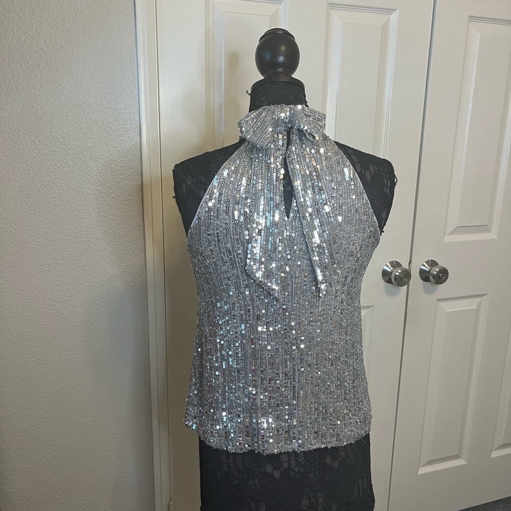 G by Giuliani Black Label Sequin Halter Top with bow at back neck. Size XS